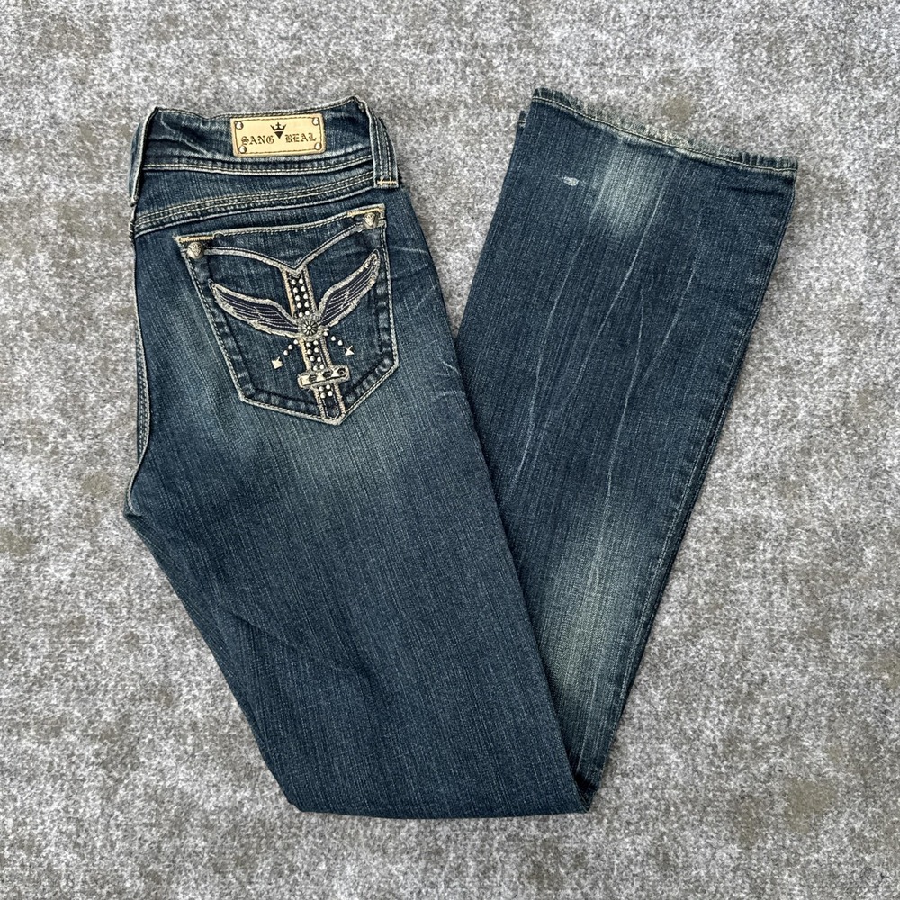Sang Real Jeans Womens 29 Bootcut Mid Rise Denim Embroidered Distressed Pockets